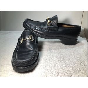 GUCCI Mens Gold Horsebit Black Leather Loafers size 9